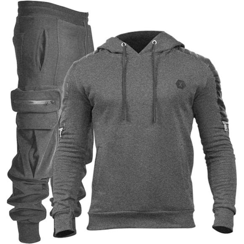 Casual Hoodie Tracksuit 2 Piece Men Dark Gray Sports Set